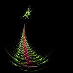 Shows an abstract image of a Christmas tree and the Christmas star in green and red on a black background