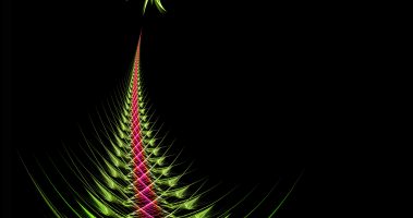 Shows an abstract image of a Christmas tree and the Christmas star in green and red on a black background